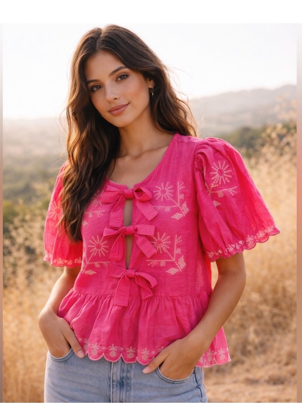 SALE NWT Bright pink Jodifl  Tie Front Bow Peplum Top
